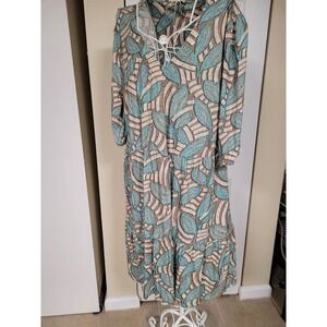 NIC+ZOE NZT Womens Tiered Midi Dress Turquoise Tan Abstract Leaf Print Large